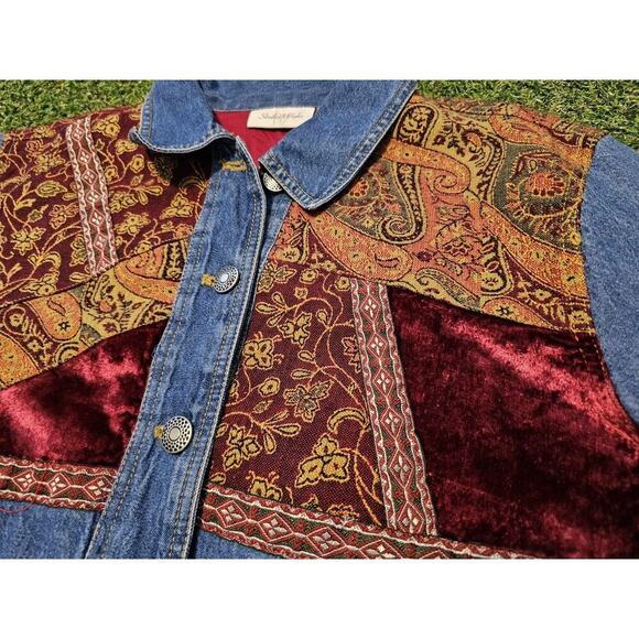 STUDIO WORKS woman M Jacquard Velvet DENIM JACKET Paisley Patchwork Fully Lined - Picture 2 of 8
